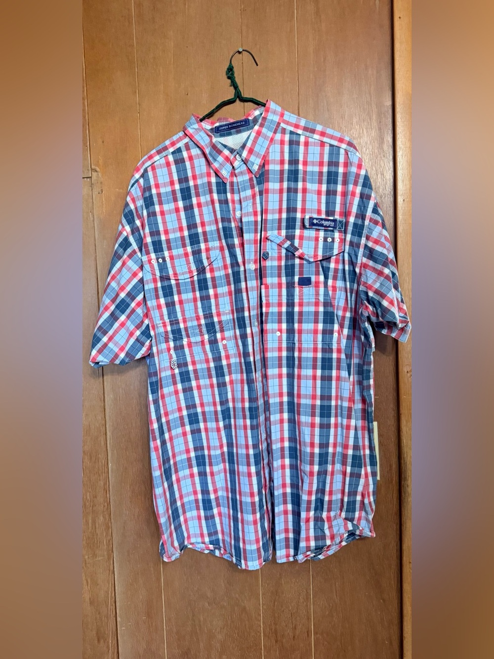 Columbia Short Sleeve Plaid Button-Up in Red, Blue & White